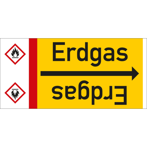  Rohrleitungsband: Erdgas, mit Gefahrensymbol, DIN 2403, für Rohre ab Ø 15 mm, Folie selbstklebend, 33 m/Rolle