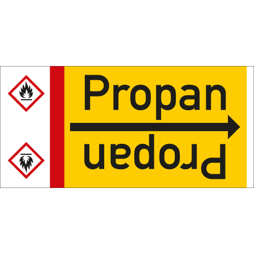  Rohrleitungsband: Propan, mit Gefahrensymbol, DIN 2403, für Rohre ab Ø 15 mm, Folie selbstklebend, 33 m/Rolle