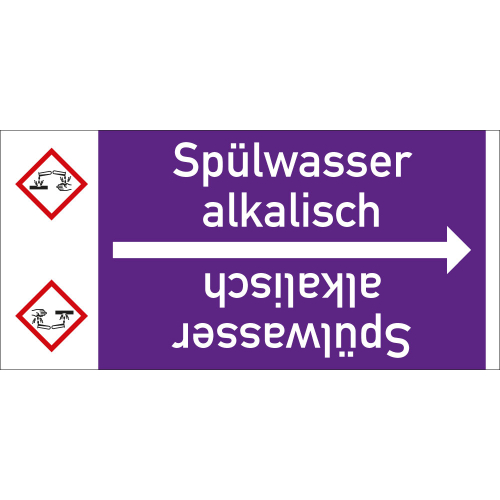  Rohrleitungsband: Spülwasser alkalisch, mit Gefahrensymbol, DIN 2403, für Rohre ab Ø 15 mm, Folie selbstklebend, 33 m/Rolle