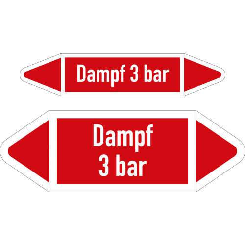 Rohrleitungsetikett: Dampf 3 bar, DIN 2403, rot-weiß, für Rohre mit Ø 25 - 40 mm, Folie selbstklebend, 126 x 26 mm, 5 St./Bogen Rohrleitungsetikett: Dampf 3 bar, DIN 2403, rot-weiß, für Rohre mit Ø 25 - 40 mm, Folie selbstklebend, 126 x 26 mm, 5 St./Bogen