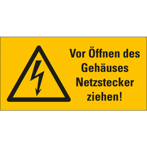 Warnschild: Vor Öffnen des Gehäuses Netzstecker ziehen, Blitzpfeil, Folie selbstklebend, verschiedene Größen, Einzelstück oder Bogen
