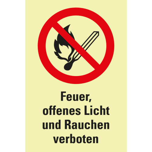 Permalight Power Verbots-Kombischild: Feuer, offenes Licht und Rauchen verboten, Kunststoff lang nachleuchtend, verschiedene Größen