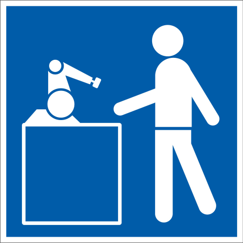 Hinweisschild: Kollaborierendes Robotersystem, blau-weiß, Folie selbstklebend, 50 x 50 mm, 1 Stück