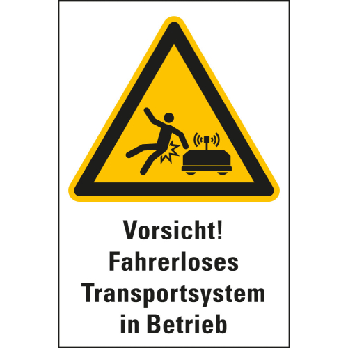 Hauptbild Warn-Kombischild: Vorsicht! Fahrerloses Transportsystem in Betrieb, weiß, Kunststoff, 200 x 300 mm Hauptbild Warn-Kombischild: Vorsicht! Fahrerloses Transportsystem in Betrieb, weiß, Kunststoff, 200 x 300 mm