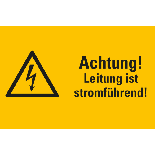 Warnschild: Achtung! Leitung ist Stromführend!, Blitzpfeil, Folie oder Kunststoff, 200 mm x 120 mm, nur als Einzelstück