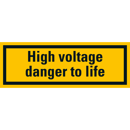 Warnschild: High voltage danger to life, praxisbewährt, gelb-schwarz, Folie selbstklebend, verschiedene Größen, Einzelstück oder Bogen