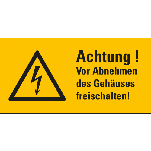 Warnschild: Achtung! Vor Abnehmen des Gehäuses freischalten, Blitzpfeil, Folie selbstklebend, 52 mm x 26 mm, 10 St./Bogen Warnschild: Achtung! Vor Abnehmen des Gehäuses freischalten, Blitzpfeil, Folie selbstklebend, 52 mm x 26 mm, 10 St./Bogen