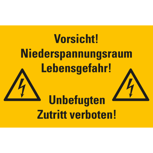 Warnschild: Vorsicht! Niederspannungsraum Lebensgefahr! Unbefugten Zutritt verboten! zwei Blitzpfeile, Folie oder Kunststoff, 300 mm x 200 mm, nur als Einzelstück 