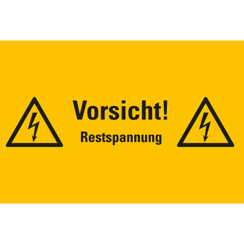 Warnschild: Vorsicht! Restspannung, zwei Blitzpfeile, Folie oder Kunststoff, verschiedene Größen, nur als Einzelstück 