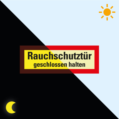 Permalight Power Feuerwehrschild: Rauchschutztür geschlossen halten, Folie selbstklebend lang nachleuchtend, 210 x 74 mm