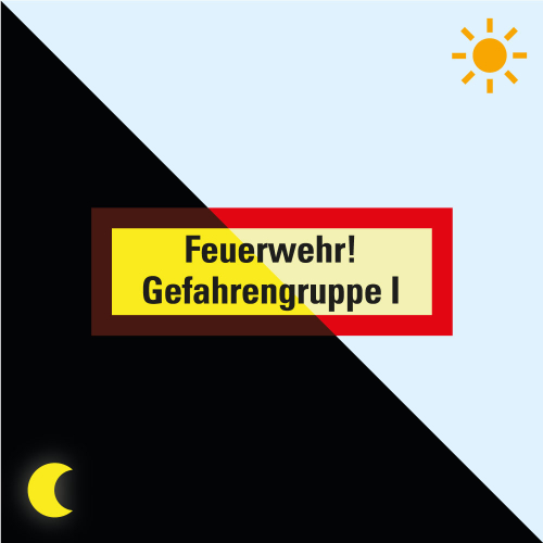 Permalight Power Feuerwehrschild: Feuerwehr! Gefahrengruppe I, Folie selbstklebend lang nachleuchtend, 210 x 74 mm