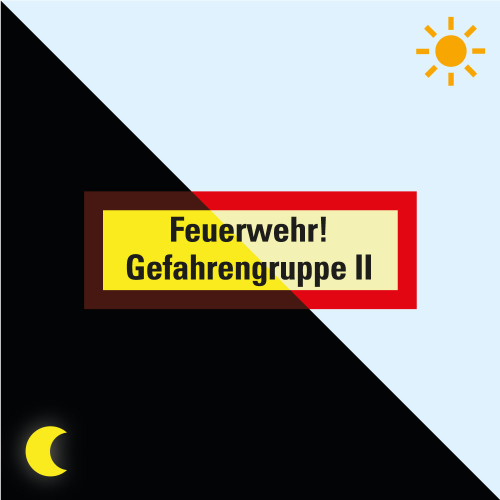 Permalight Power Feuerwehrschild: Feuerwehr! Gefahrengruppe II, Folie selbstklebend lang nachleuchtend, 210 x 74 mm