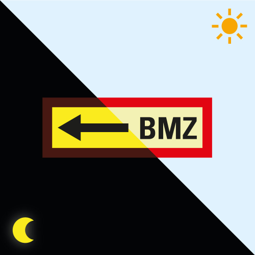 Permalight Power Feuerwehrschild: BMZ links, Kunststoff lang nachleuchtend, 297 x 105 mm