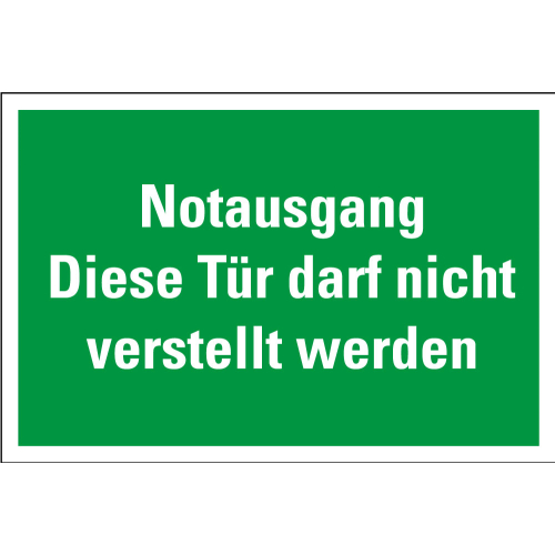 
Rettungszeichen: Notausgang Diese Tür darf nicht verstellt werden, grün-weiß, Folie selbstklebend, 300 x 200 mm, 1 Stück
