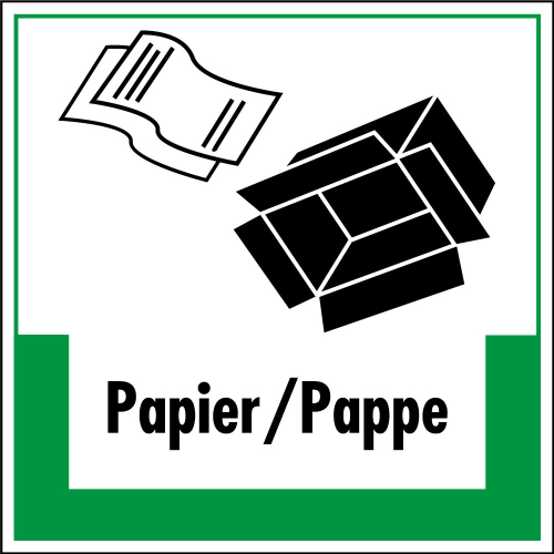 Abfallkennzeichen: Papier/Pappe, Symbol mit Text, Folie selbstklebend oder Kunststoff, verschiedene Größen, nur als Einzelstück