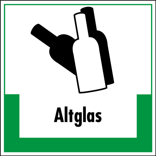 Abfallkennzeichen: Altglas, Symbol mit Text, Folie selbstklebend oder Kunststoff, 200 x 200 mm, nur als Einzelstück