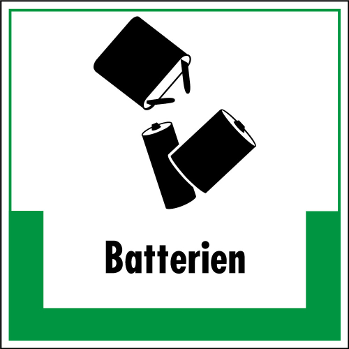 Abfallkennzeichen: Batterien, Symbol mit Text, Folie selbstklebend oder Kunststoff, 200 x 200 mm, nur als Einzelstück