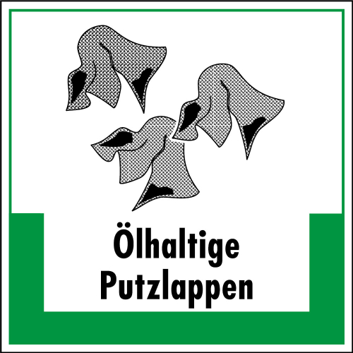 Abfallkennzeichen: Ölhaltige Putzlappen, Symbol mit Text, Kunststoff, 200 x 200 mm, 1 Stück Abfallkennzeichen: Ölhaltige Putzlappen, Symbol mit Text, Kunststoff, 200 x 200 mm, 1 Stück