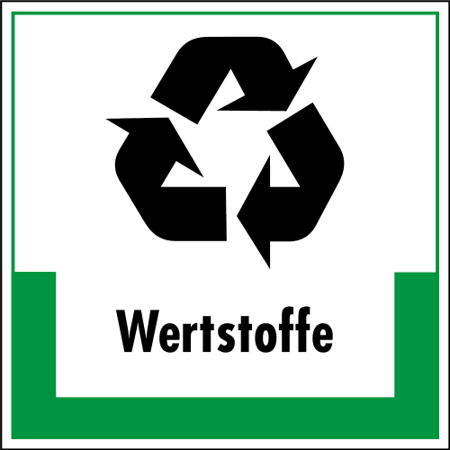 Abfallkennzeichen: Wertstoffe, Symbol mit Text, Folie selbstklebend oder Kunststoff, 200 x 200 mm, nur als Einzelstück