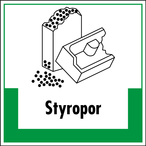 Abfallkennzeichen: Styropor, Symbol mit Text, Folie selbstklebend oder Kunststoff, 200 x 200 mm, nur als Einzelstück
