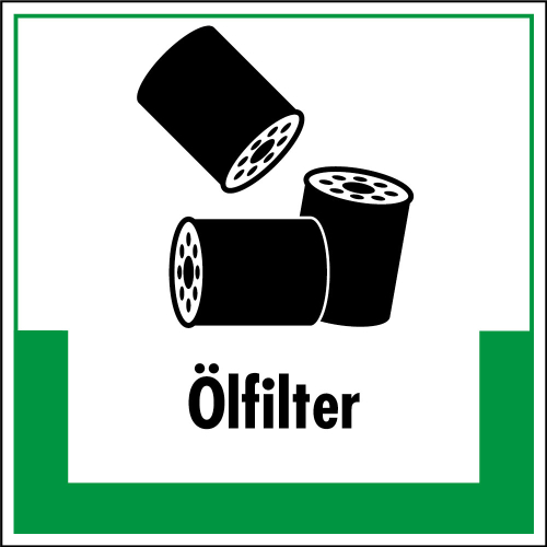 Abfallkennzeichen: Ölfilter, Symbol mit Text, Folie selbstklebend, 200 x 200 mm, 1 Stück