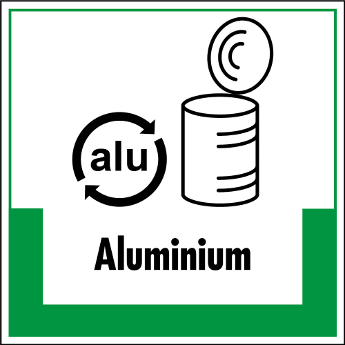 Abfallkennzeichen: Aluminium, Symbol mit Text, Folie selbstklebend oder Kunststoff, 200 x 200 mm, nur als Einzelstück