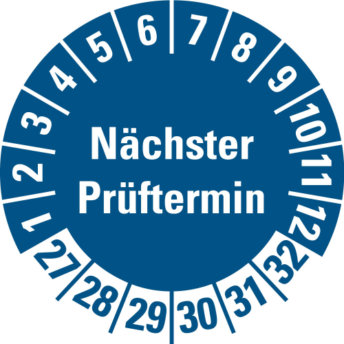Prüfplakette Nächster Prüftermin, 27 - 32, blau, Standardfolie, Ø 30 mm, 100 St./Heft Prüfplakette Nächster Prüftermin, 27 - 32, blau, Standardfolie, Ø 30 mm, 100 St./Heft