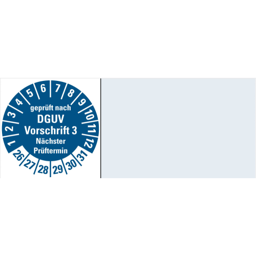 Kabelprüfplakette geprüft nach DGUV Vorschrift 3 Nächster Prüftermin, 26 - 31, blau, Standardfolie, 50 x 20 mm, 16 St./Bogen Kabelprüfplakette geprüft nach DGUV Vorschrift 3 Nächster Prüftermin, 26 - 31, blau, Standardfolie, 50 x 20 mm, 16 St./Bogen