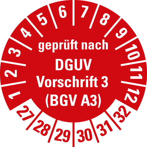 Prüfplakette geprüft nach DGUV Vorschrift 3 (BGV A3), 27 - 32, rot, Standardfolie, Ø 20 mm, 10 St./Bogen