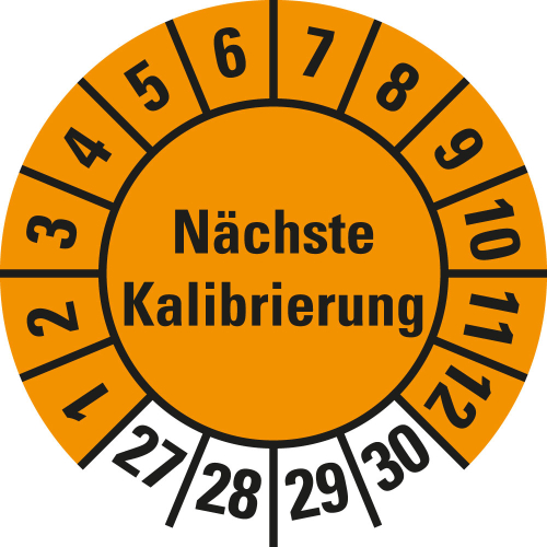 Prüfplakette Nächste Kalibrierung, 27 - 30, orange, Standardfolie, Ø 20 mm, 10 St./Bogen