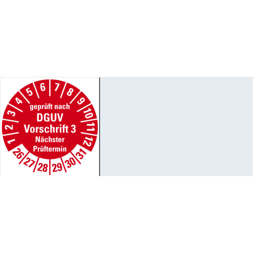 Kabelprüfplakette geprüft nach DGUV Vorschrift 3 Nächster Prüftermin, 26 - 31, rot, Standardfolie, 50 x 20 mm, 16 St./Bogen Kabelprüfplakette geprüft nach DGUV Vorschrift 3 Nächster Prüftermin, 26 - 31, rot, Standardfolie, 50 x 20 mm, 16 St./Bogen