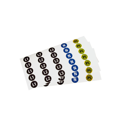 Sortimentsbogen: Leiterkennzeichen je 5 x L1, L2, L3, N und PE, Folie selbstklebend, Ø 16 mm, 25 St./Bogen