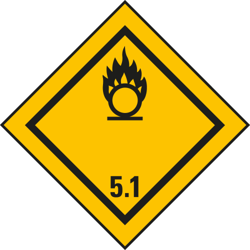 Verpackungskennzeichen: Klasse 5.1 - Entzündend (oxidierend) wirkende Stoffe, gelb-schwarz, IMDG-Code, GGVSEB, ADR, IATA, seewasserbeständige Folie, 100 mm x 100 mm, 500 St./Rolle Verpackungskennzeichen: Klasse 5.1 - Entzündend (oxidierend) wirkende Stoffe, gelb-schwarz, IMDG-Code, GGVSEB, ADR, IATA, seewasserbeständige Folie, 100 mm x 100 mm, 500 St./Rolle