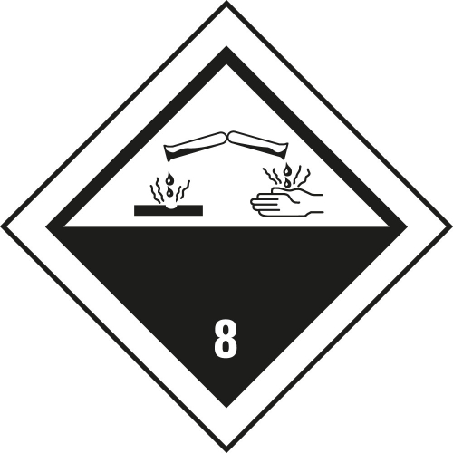 Verpackungskennzeichen: Klasse 8 - Ätzende Stoffe, gelb-weiß, IMDG-Code, GGVSEB, ADR, IATA, seewasserbeständige Folie, 100 mm x 100 mm, 1 Stück Verpackungskennzeichen: Klasse 8 - Ätzende Stoffe, gelb-weiß, IMDG-Code, GGVSEB, ADR, IATA, seewasserbeständige Folie, 100 mm x 100 mm, 1 Stück