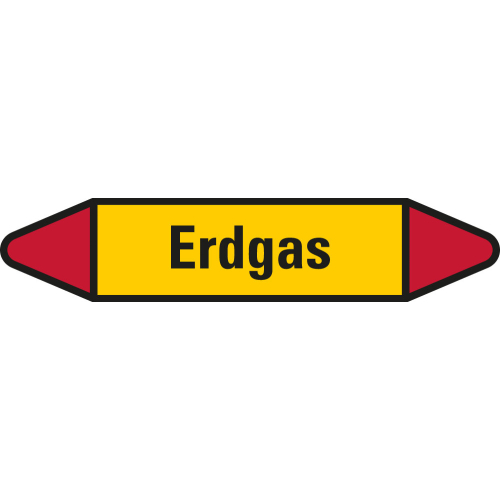 Rohrleitungsetikett Erdgas, gelb-schwarz-rot, für Rohre mit Ø 15 - 25 mm, Standardfolie, 96 x 17 mm, 8 St./Bogen Rohrleitungsetikett Erdgas, gelb-schwarz-rot, für Rohre mit Ø 15 - 25 mm, Standardfolie, 96 x 17 mm, 8 St./Bogen