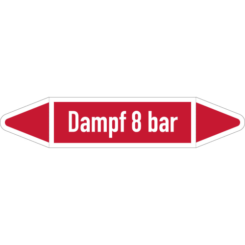 Rohrleitungsetikett Dampf 8 bar, gemäß DIN 2403, rot-weiß, für Rohre mit Ø 40 - 60 mm, Standardfolie, 218 x 37 mm, 5 St./Bogen Rohrleitungsetikett Dampf 8 bar, gemäß DIN 2403, rot-weiß, für Rohre mit Ø 40 - 60 mm, Standardfolie, 218 x 37 mm, 5 St./Bogen