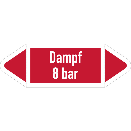 Rohrleitungsetikett Dampf 8 bar, gemäß DIN 2403, rot-weiß, für Rohre mit Ø ab 90 mm, Standardfolie, 440 x 100 mm, 2 St./Bogen