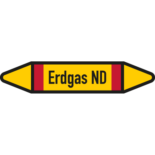 Rohrleitungsetikett Erdgas ND, gemäß DIN 2403, gelb-schwarz-rot, für Rohre mit Ø 60 - 90 mm, 310 x 52 mm, 3 St./Bogen Rohrleitungsetikett Erdgas ND, gemäß DIN 2403, gelb-schwarz-rot, für Rohre mit Ø 60 - 90 mm, 310 x 52 mm, 3 St./Bogen
