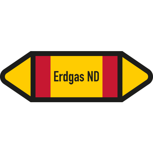 Rohrleitungsetikett Erdgas ND, gemäß DIN 2403, gelb-schwarz-rot, für Rohre mit Ø ab 90 mm, 440 x 100 mm, 2 St./Bogen Rohrleitungsetikett Erdgas ND, gemäß DIN 2403, gelb-schwarz-rot, für Rohre mit Ø ab 90 mm, 440 x 100 mm, 2 St./Bogen