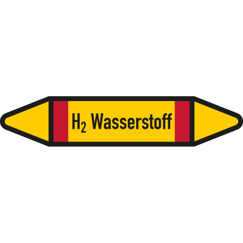 Rohrleitungsetikett H2 Wasserstoff, gemäß DIN 2403, gelb-schwarz-rot, für Rohre mit Ø 40 - 60 mm, Standardfolie, 218 x 37 mm, 5 St./Bogen Rohrleitungsetikett H2 Wasserstoff, gemäß DIN 2403, gelb-schwarz-rot, für Rohre mit Ø 40 - 60 mm, Standardfolie, 218 x 37 mm, 5 St./Bogen