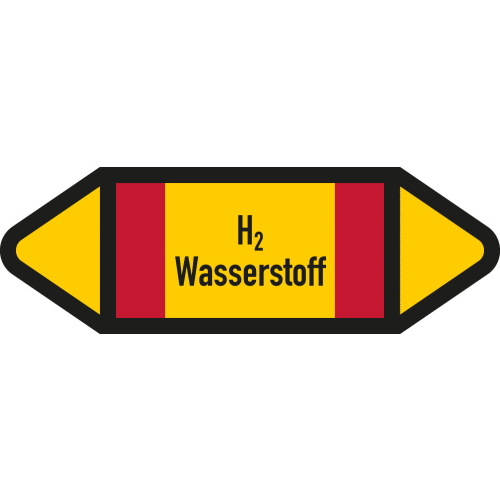 Rohrleitungsetikett H2 Wasserstoff, gemäß DIN 2403, gelb-schwarz-rot, für Rohre mit Ø ab 90 mm, Standardfolie, 440 x 100 mm, 2 St./Bogen Rohrleitungsetikett H2 Wasserstoff, gemäß DIN 2403, gelb-schwarz-rot, für Rohre mit Ø ab 90 mm, Standardfolie, 440 x 100 mm, 2 St./Bogen