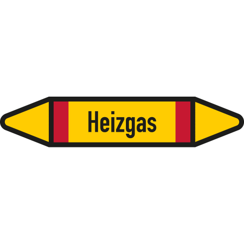 Rohrleitungsetikett Heizgas, gemäß DIN 2403, gelb-schwarz-rot, für Rohre mit Ø 40 - 60 mm, Standardfolie, 218 x 37 mm, 5 St./Bogen Rohrleitungsetikett Heizgas, gemäß DIN 2403, gelb-schwarz-rot, für Rohre mit Ø 40 - 60 mm, Standardfolie, 218 x 37 mm, 5 St./Bogen