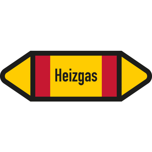 Rohrleitungsetikett Heizgas, gemäß DIN 2403, gelb-schwarz-rot, für Rohre mit Ø ab 90 mm, Standardfolie, 440 x 100 mm, 2 St./Bogen Rohrleitungsetikett Heizgas, gemäß DIN 2403, gelb-schwarz-rot, für Rohre mit Ø ab 90 mm, Standardfolie, 440 x 100 mm, 2 St./Bogen