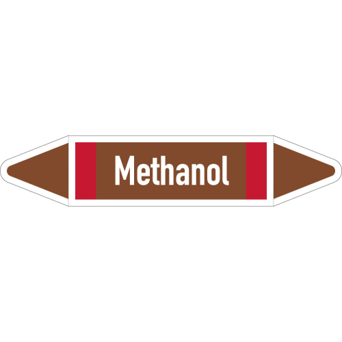 Rohrleitungsetikett Methanol, gemäß DIN 2403, braun-weiß-rot, für Rohre mit Ø 25 - 40 mm, Standardfolie, 154 x 26 mm, 5 St./Bogen Rohrleitungsetikett Methanol, gemäß DIN 2403, braun-weiß-rot, für Rohre mit Ø 25 - 40 mm, Standardfolie, 154 x 26 mm, 5 St./Bogen