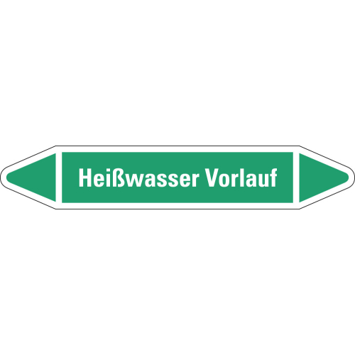 Rohrleitungsetikett Heißwasser Vorlauf, grün-weiß, für Rohre mit Ø 15 - 25 mm, Standardfolie, 96 x 17 mm, 8 St./Bogen