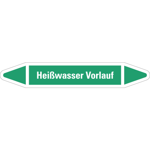 Rohrleitungsetikett Heißwasser Vorlauf, grün-weiß, für Rohre mit Ø 40 - 60 mm, Standardfolie, 218 x 37 mm, 5 St./Bogen
