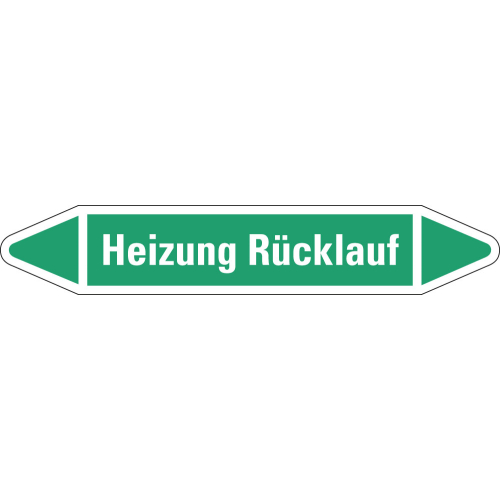 Rohrleitungsetikett Heizung Rücklauf, grün-weiß, für Rohre mit Ø 15 - 25 mm, Standardfolie, 96 x 17 mm, 8 St./Bogen