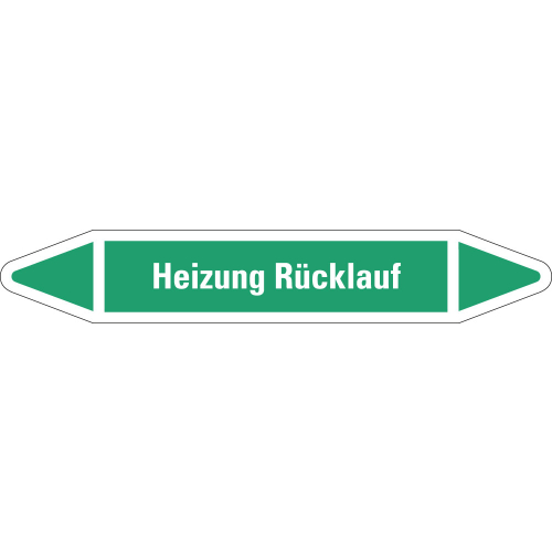 Rohrleitungsetikett Heizung Rücklauf, grün-weiß, für Rohre mit Ø 25 - 40 mm, Standardfolie, 154 x 26 mm, 5 St./Bogen Rohrleitungsetikett Heizung Rücklauf, grün-weiß, für Rohre mit Ø 25 - 40 mm, Standardfolie, 154 x 26 mm, 5 St./Bogen