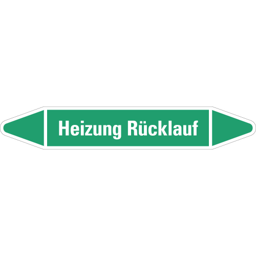 Rohrleitungsetikett Heizung Rücklauf, grün-weiß, für Rohre mit Ø 60 - 90 mm, Standardfolie, 310 x 52 mm, 3 St./Bogen Rohrleitungsetikett Heizung Rücklauf, grün-weiß, für Rohre mit Ø 60 - 90 mm, Standardfolie, 310 x 52 mm, 3 St./Bogen