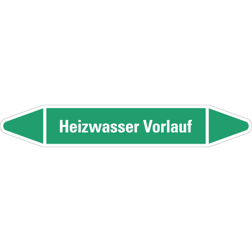 Rohrleitungsetikett Heizwasser Vorlauf, grün-weiß, für Rohre mit Ø 60 - 90 mm, Standardfolie, 310 x 52 mm, 3 St./Bogen